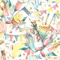 Bright, cheerful, festive, seamless pattern with champagne, cake, gifts, balloons and confetti, flags. Watercolor illustration from the HAPPY BIRTHDAY collection. On a white background. vector