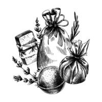 Handmade soap and bath bombs, a canvas bag with lavender sprigs. Graphic illustration line art hand drawn in black and white colors monochrome. Arrangement, composition, sublimation vector