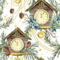 Wooden house clock with cuckoo, pine branches and cones, snowberry, golden beads, sparkling stars. Christmas, New Year watercolor illustration. Seamless pattern on the white background vector
