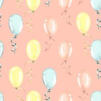 Balloons are multicolored on a white background with ribbons. Watercolor illustration. Seamless pattern from a large set of HAPPY BIRTHDAY. For fabric, textiles, wrapping paper, wrappers, postcards. vector