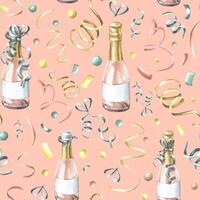 Bottles of pink champagne with confetti and ribbons. Watercolor illustration, hand drawn. Seamless pattern on a pink background. For congratulations, wrapping paper, holidays vector