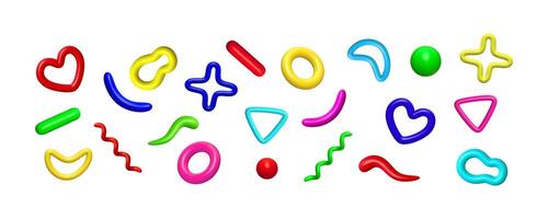 3d abstract plastic doodles set. Colorful hand drawn geometric shapes realistic 3d isolated collection. vector