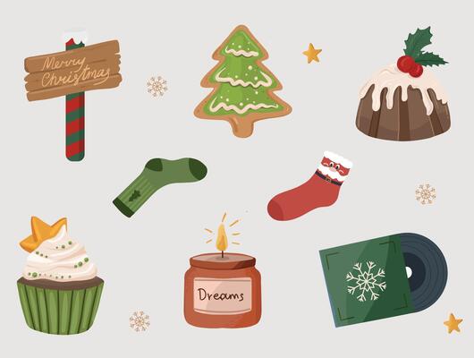 set of Christmas illustrations on a light background, featuring a Merry Christmas sign, holiday treats, socks, a candle