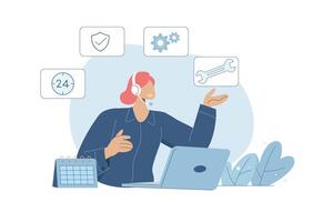 Technical support or customer service, Hotline, Call center representative, Online customer consultation or feedback, Female employee wearing headphones helps serve customers. design. vector