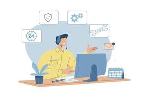 Hotline, Technical support or customer service, Call center representative, Online customer consultation or feedback, A male employee wearing headphones helps serve customers. design. vector
