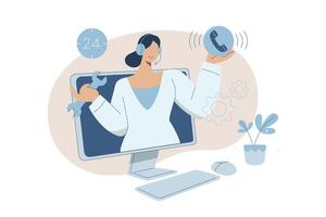 Technical support or customer service, Hotline 24 hours service, Online customer consultation or feedback, Woman wearing headphones holding a wrench and helping customers solve problems. vector