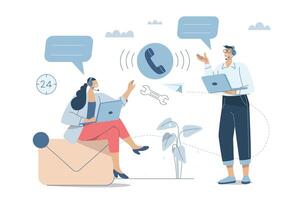 Call center operator. Technical support or customer service, Hotline, 24 hours service, Male and female staffs provide online customer consultation or suggestions. design illustration. vector