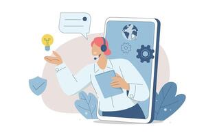 Customer service provides online consultation via phone app, Call center, Technical support or customer service, Communication between service and customers with mobile. illustration. vector