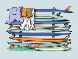 Illustration of surfboards on a stand. Art in a casual style of beach and vacation situation. vector