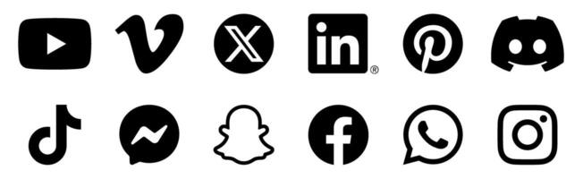 Set of social media network icons. Popular network symbols. Youtube, Instagram, Facebook, WhatsApp, TikTok, Snapchat, X, Discord, LinkedIn, Pinterest, Messenger, Vimeo vector