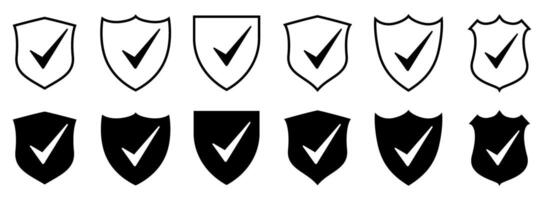 Shield with check mark icon set. Security shield protection, approved and trusted product concept vector
