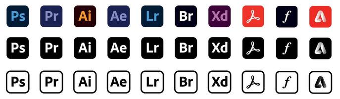Adobe product logotype icon set. Photoshop, Illustrator, Premier, After Effects, Creative Cloud. Collection button vector