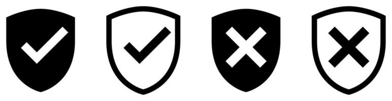 Shield with checkmark and crossmark icon black set. Safe and unsafe security icon set vector