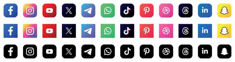 Latest social media icons set. Social network symbols. Instagram, Facebook, WhatsApp, YouTube, Telegram, TikTok, Pinterest, LinkedIn, Snapchat, Threads vector