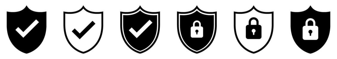 Shield check mark icon and shield lock icon set. Safety shield symbols. Security private sign vector