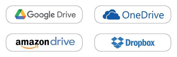 Popular cloud storage service logo set. Google drive, Dropbox, OneDrive, Amazon Drive vector