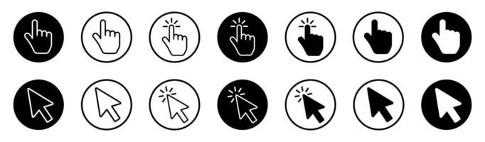 Computer mouse click cursor and hand cursor icons set. Pointer click. Clicking finger. Hand pointer symbol vector