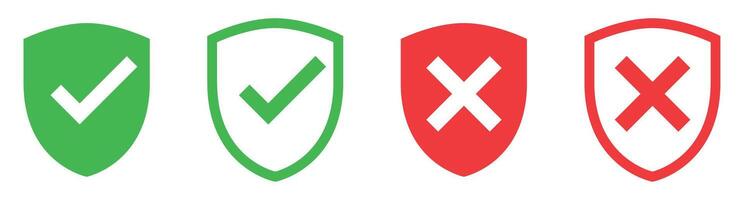 Shield with check and cross mark icon set. Safe and unsafe security icon set vector