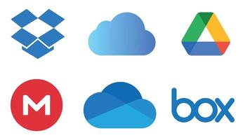 Popular cloud storage service logo set. Google drive, Dropbox, OneDrive, Amazon Drive and more vector