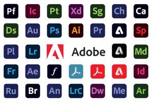 Adobe product logotype icon big set. Photoshop, Illustrator, Premier, After Effects, Creative Cloud and more. Collection button vector