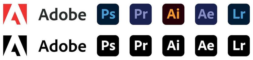Adobe product logotype icon set. Photoshop, Illustrator, Premier Pro, After Effects, Lightroom. Collection button vector