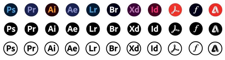 Adobe product logotype icon set. Photoshop, Illustrator, Premier, After Effects, Fonts, Adobe Express. Collection button vector