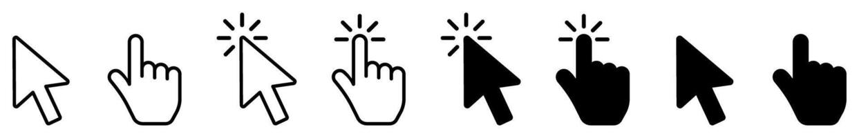 Computer mouse click cursor and hand cursor icons set. Pointer click. Clicking finger. Hand pointer symbol vector