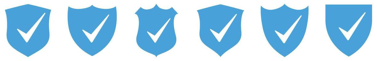 Blue shield with check mark icon set. Security shield protection, approved and trusted product concept vector