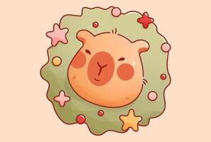 Kawaii Christmas capybara head in New Year wreath. vector