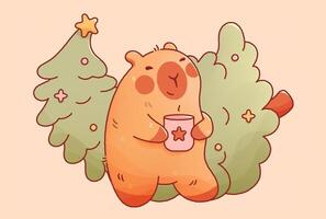 Kawaii Christmas capybara with New Year Tree star toy and hot drink. vector