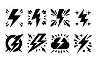 Creative collection of lightning and thunder symbols designed for weather-themed graphics and illustrations in various styles vector