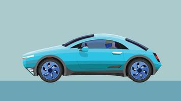 Concept illustration of detailed side of a flat soft blue sport car. with shadow of car on reflected from the ground below. can view interior of car with racing Driver. Blue background. vector