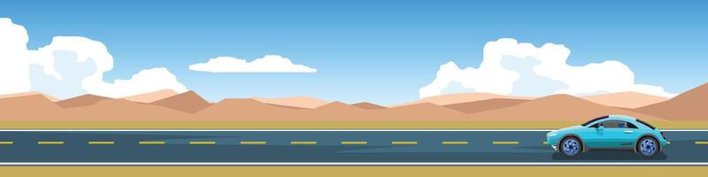 Horizontal view or landscape of travels of sport car with racing driving for banner. Asphalt road near the meadow with dry autumn environment and mountain under clear sky. Copy Space Flat . vector
