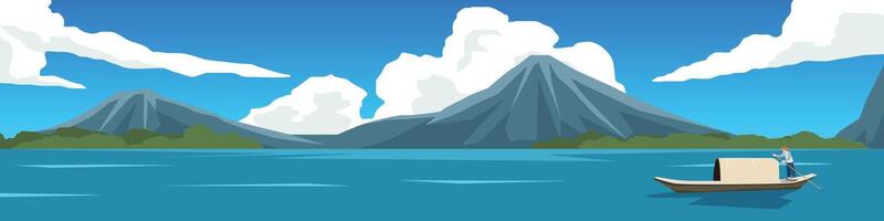 Horizontal view transport of boat on river. A man rows an old-fashioned wooden passenger boat on a large river. Background of green forest and mountain under blue sky and white clouds. vector