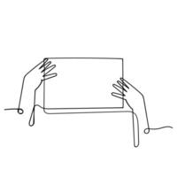 continuous line drawing of hands holding a blank sheet of paper vector