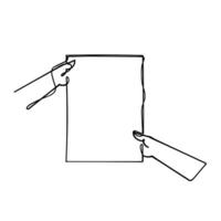 two hands holding a piece of paper in one hand vector