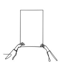 continuous line drawing of hands holding a blank sheet of paper vector