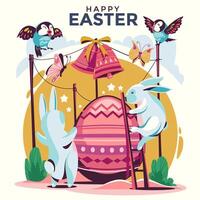 Easter template with chocolate eggs bunnys and birdson grass podium on cream background vector
