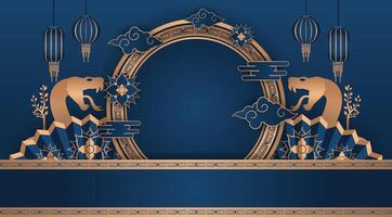 chinese new year greeting card with golden frame and oriental decorations vector