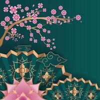 chinese new year background with fan and tree vector