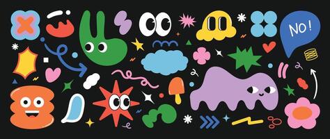 Set of funky groovy element. Collection of cartoon characters, cute doodle dawn, sparkle, cloud, ice cream, speech bubble, face. Retro hippie design for decorative, sticker, toys and kids. vector
