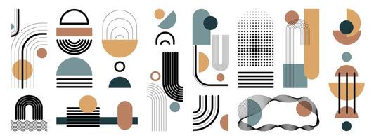 Hand drawn abstract minimal element mid century set. Aesthetic contemporary stripe line art, geometric shape in multicolor. Art form design for wall art, decoration, wallpaper. vector