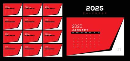 Corporate 2025 Desk Calendar Design Template with red and Black vector