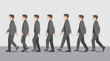 a sequence motion series of man walking with both hands waving in an animated line. vector