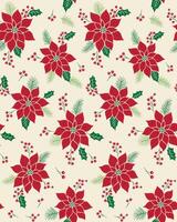 Seamless Christmas Poinsettia With Holly Leaves Berry And Fir On Natural Background vector