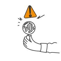 a hand holding a loupe with a bacterium warning sign on it vector