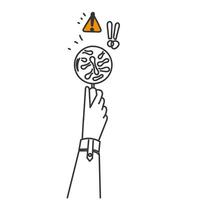 hand holding loupe to find virus bacteria for warning in doodle drawn cartoon vector