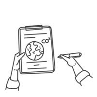 hand holding a clipboard with a paper with a globe emission symbolon it vector