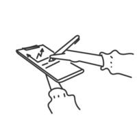 a hand holding a pen and a tablet with a graph on it vector