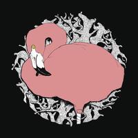 Hand drawn illustration of cute pink flamingo bird, tree branches background. Isolated on black background. Suitable for poster or t-shirt design. vector